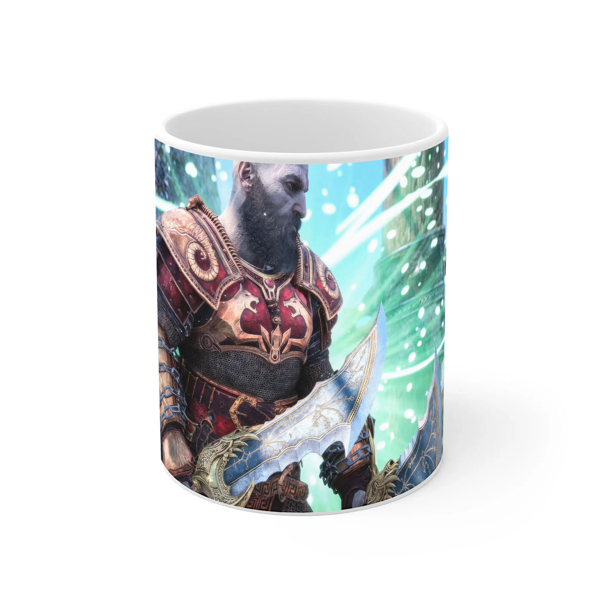 ماگ لیمینات طرح بازی God of War Ragnarok مدل کریتوس با زره طلایی در دنیای نور کد NM7775