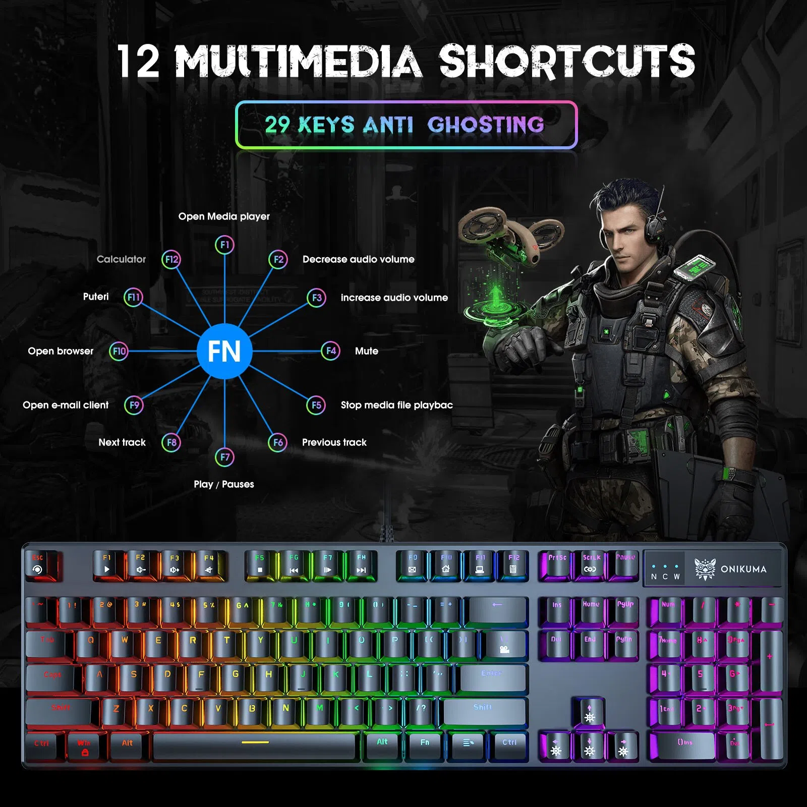 کیبورد مخصوص بازی اونیکوما مدل G27 RGB، مکانیکال سوییچ آبی، Full size، نورپردازی RGB — تصویر 3