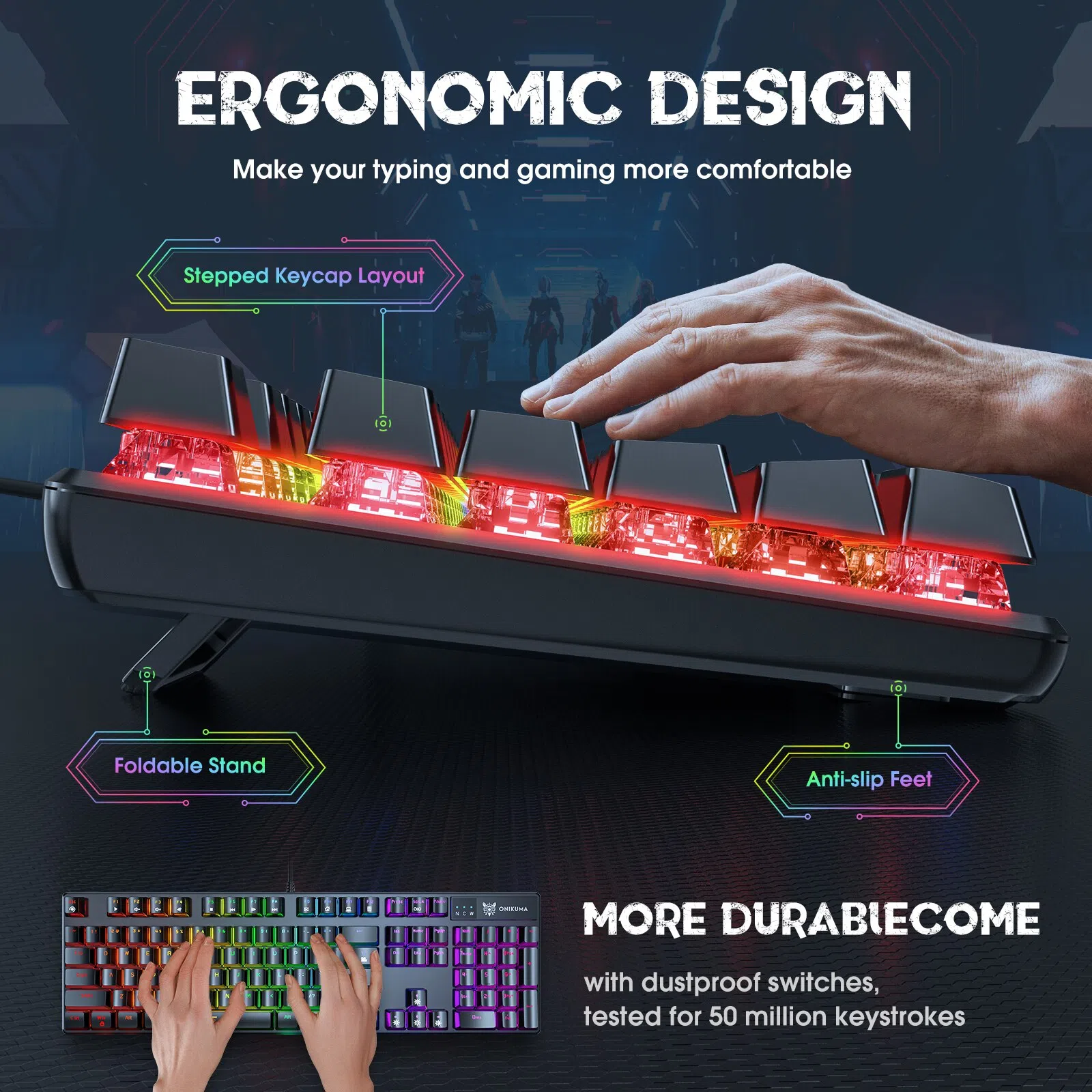 کیبورد مخصوص بازی اونیکوما مدل G27 RGB، مکانیکال سوییچ آبی، Full size، نورپردازی RGB — تصویر 5