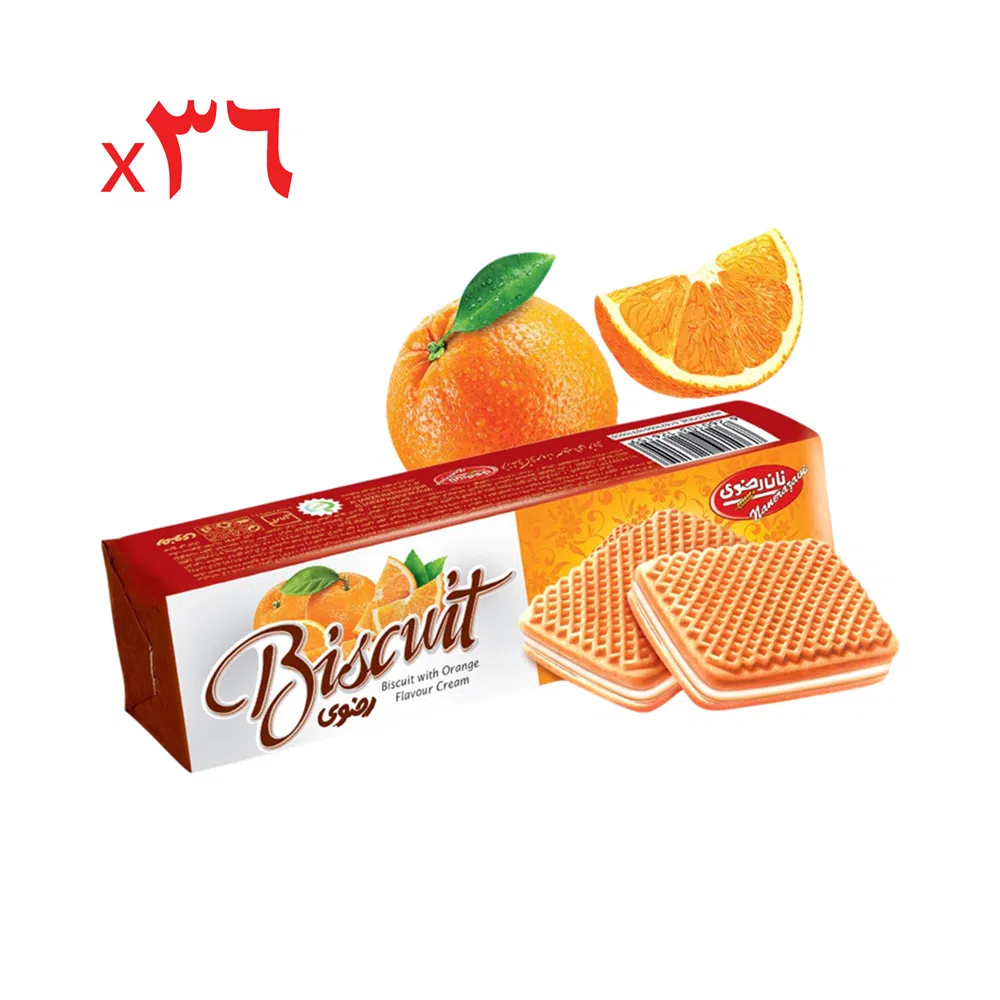 بیسکویت ساندویچی با کرم طعم پرتقال نان رضوی 110 گرم - کارتن 36 عددی