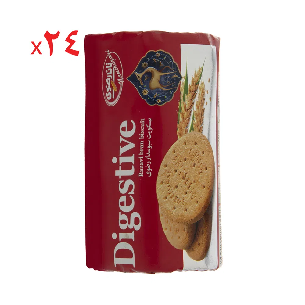 بیسکوییت سبوسدار دایجستیو نان رضوی 150 گرم - کارتن 24 عددی