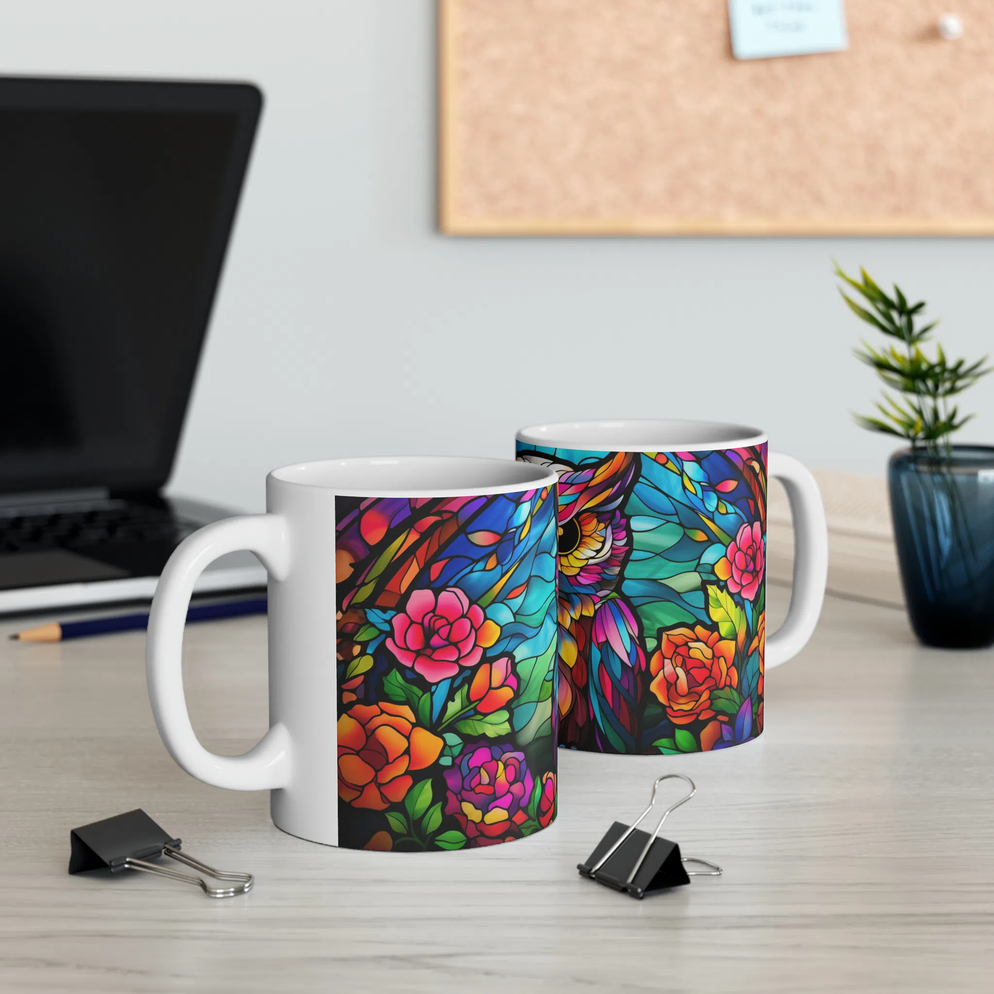 ماگ طرح سه بعدی جغد رنگی میان گل ها مدل NM3012 — تصویر 3