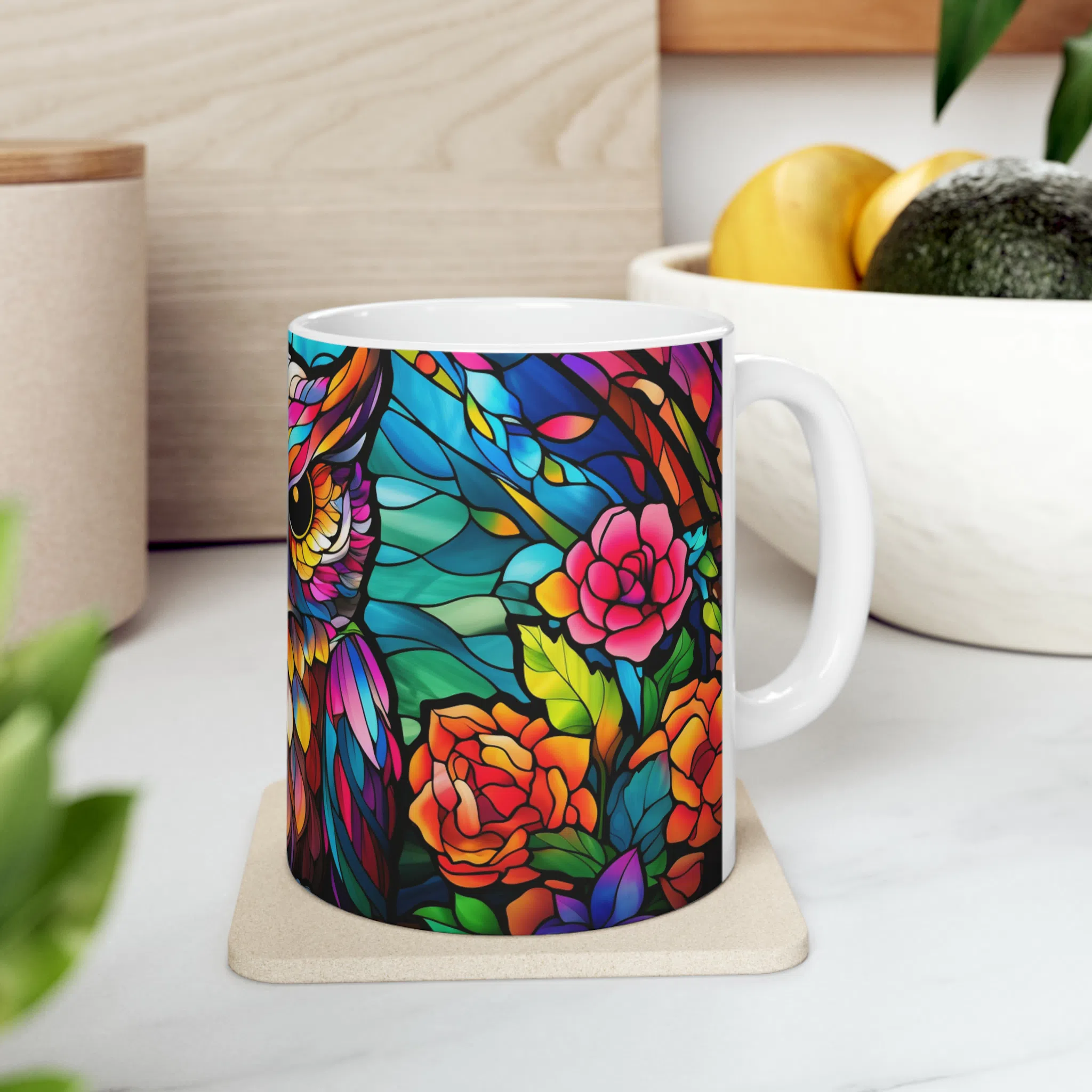 ماگ طرح سه بعدی جغد رنگی میان گل ها مدل NM3012 — تصویر 4