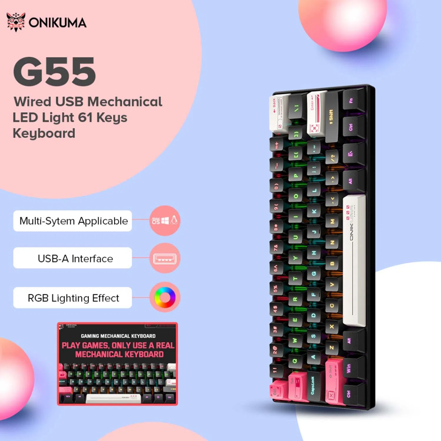 کیبورد گیمینگ اونیکوما مدل G55 RGB، مکانیکال سوییچ قهوه‌ای، Tenkeyless، نورپردازی RGB — تصویر 10