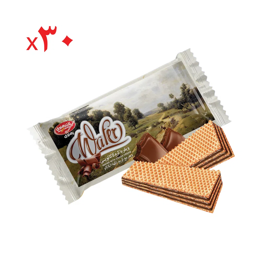 ویفر با کرم کاکائویی نان رضوی 90 گرم - کارتن 30 عددی