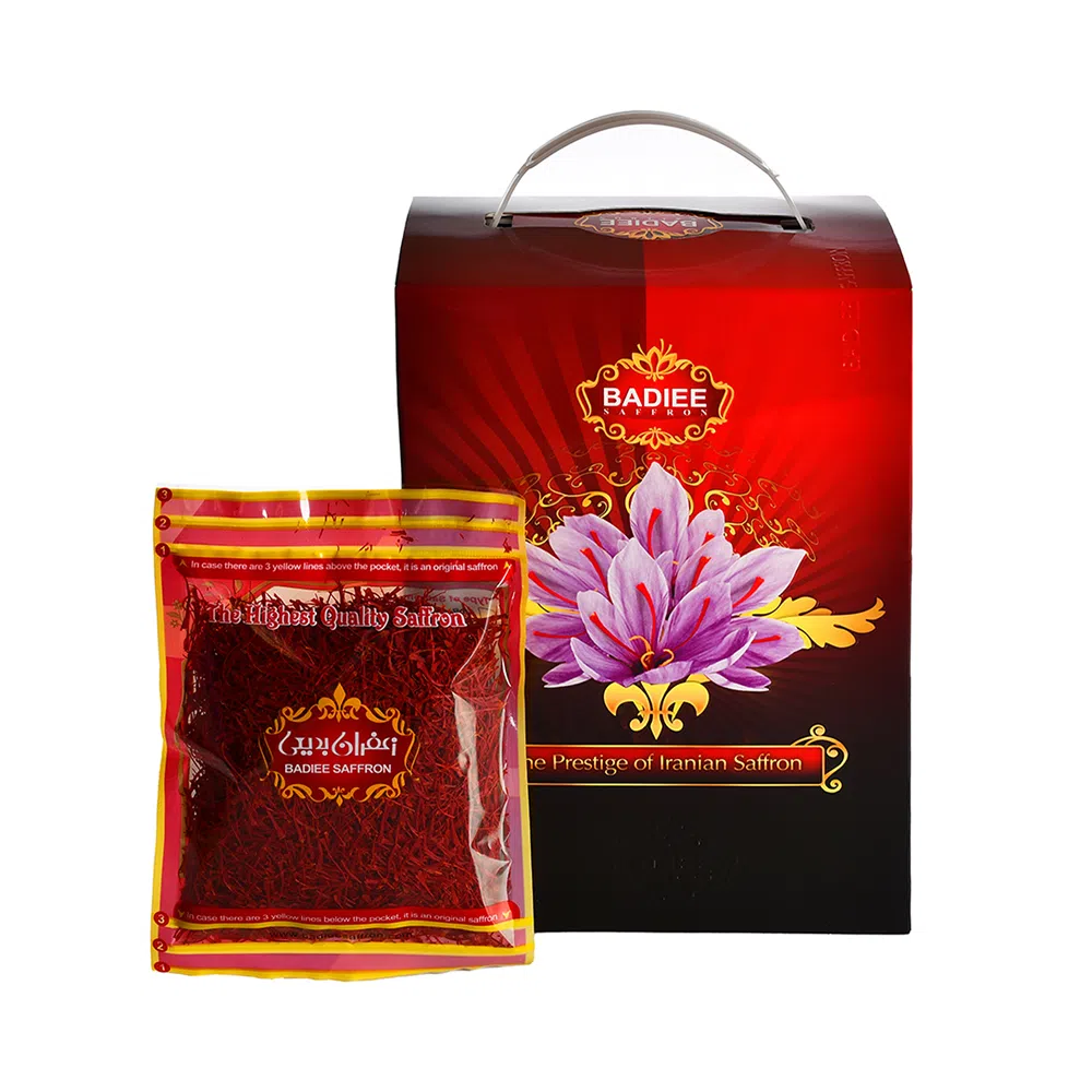 زعفران سوپر نگین بدیعی جعبه 25 سانتی سلفون زرد