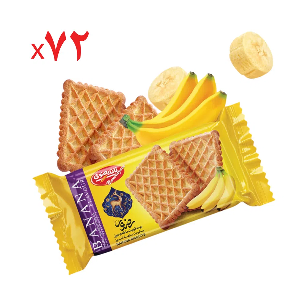 بیسکویت نیم چاشت با طعم موز نان رضوی 33 گرم - کارتن 72 عددی