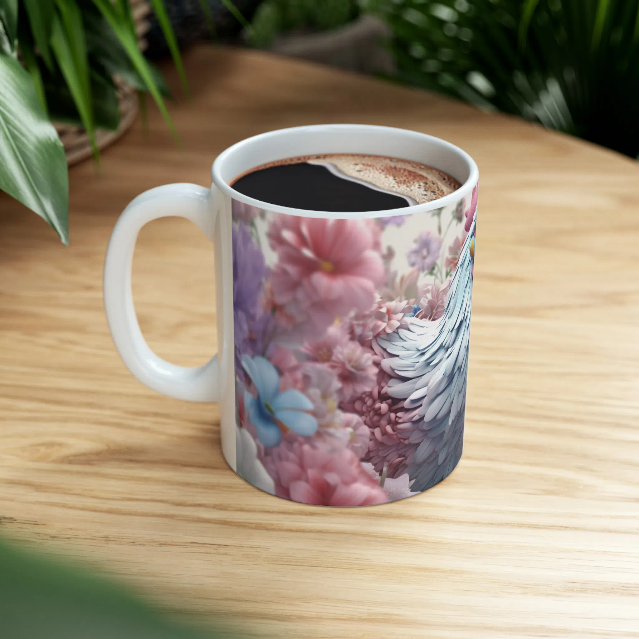 ماگ طرح سه بعدی خروس صورتی بین گل ها مدل NM3026 — تصویر 2