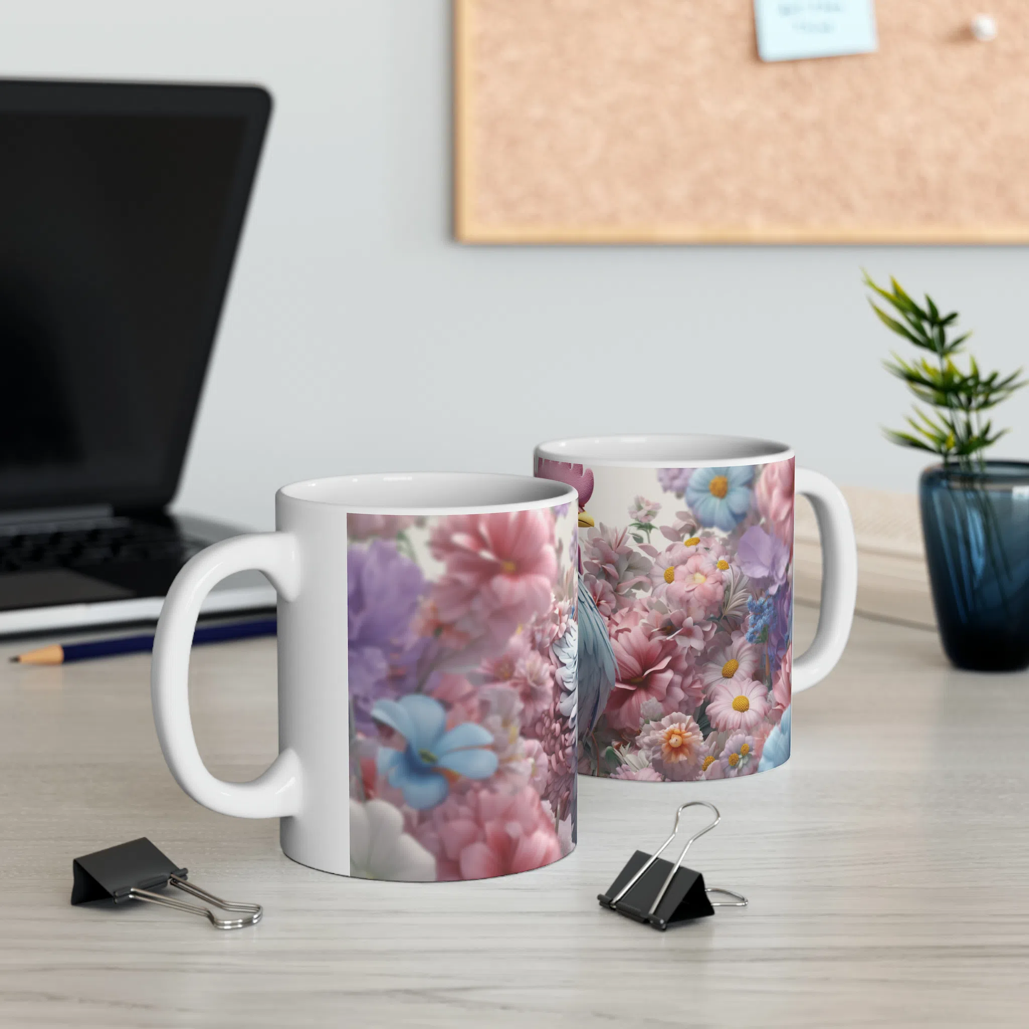 ماگ طرح سه بعدی خروس صورتی بین گل ها مدل NM3026 — تصویر 7